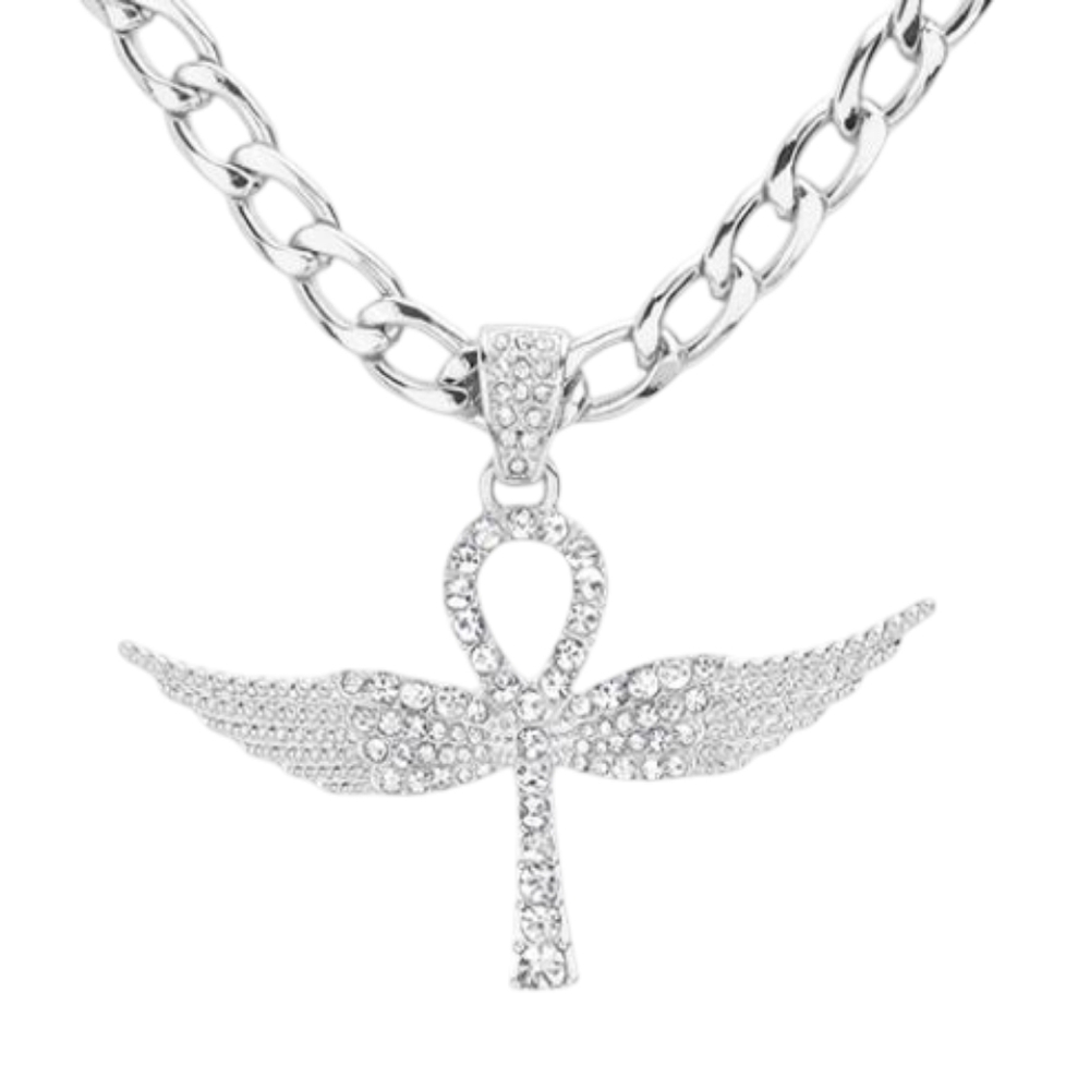 Rhinestone Embellished Key & Lock Angel Wing Necklace